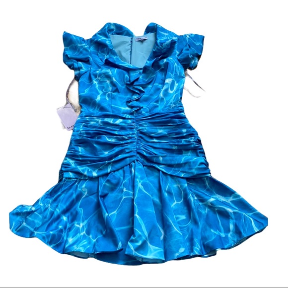 Women blue Flor et.al Dante Ruffle Ruched cocktail size 6 dress NWT - Picture 5 of 15
